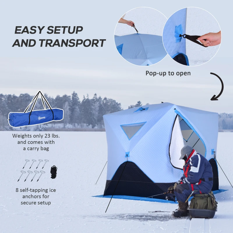 Outsunny 4 Person Ice Fishing Shelter, Pop-up Ice Fishing Tent, Ice Shanty, Portable and Insulated, with 2 Doors and Carrying Bag, Light Blue