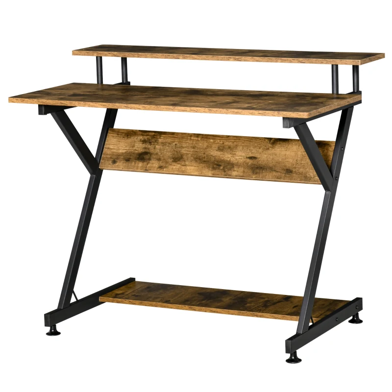 HOMCOM 39" Compact Computer Desk, Industrial Z-Shaped Writing Desk with Monitor Shelf and Storage, Workstation for Home Office