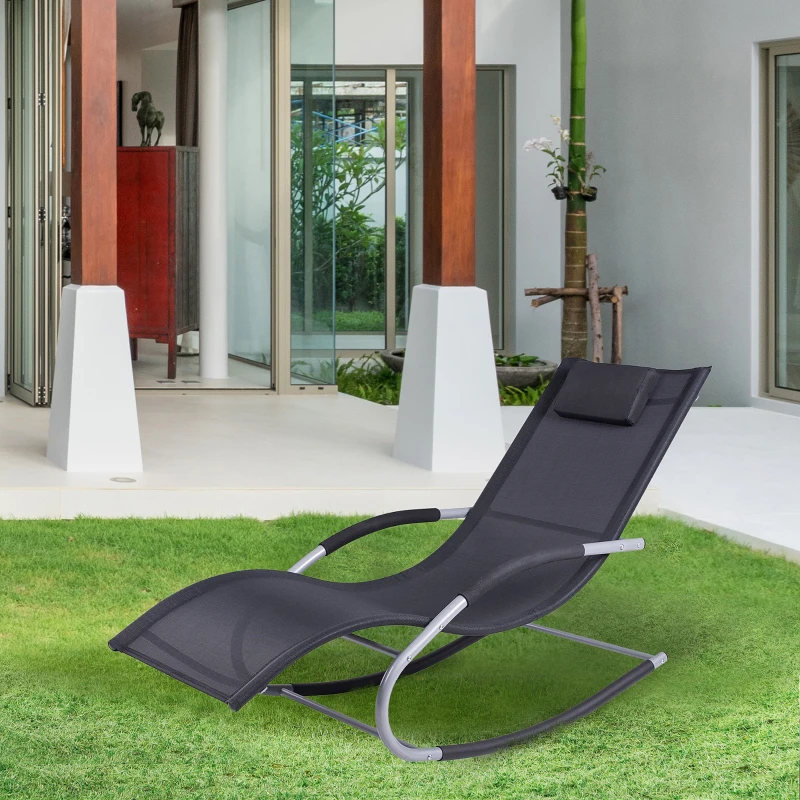 Outsunny Zero Gravity Rocking Chair Outdoor Chaise Lounge Chair Recliner Rocker with Detachable Pillow and Weather-Fighting Fabric for Patio, Deck, Pool, Black