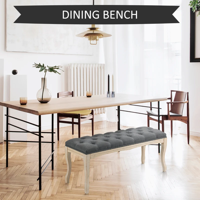 HOMCOM 43" Upholstered Entryway Bench, Linen Fabric Ottoman Stool with Button Tufted Seat, and Rubber Wood Legs for Living Room, Bedroom, or Hallway, Dark Grey