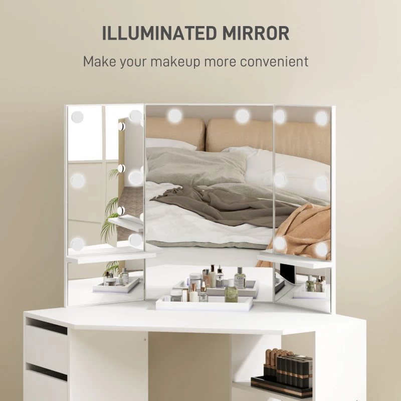 HOMCOM Makeup Vanity Table with 3-Panel Mirror and 10 LED Lights, Dressing Table with 5 Drawers and Shelves for Bedroom, White