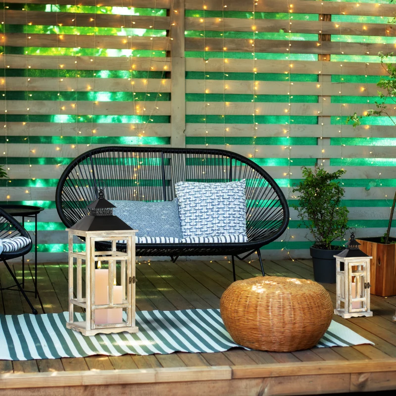 HOMCOM 2 Pack 30"/21" Large Fine Woodworking Decorative Lantern, Metal Hanging Wooden Indoor Covered Outdoor Lantern for Home Décor (No Glass), Black and Natural Wood Faded Colour