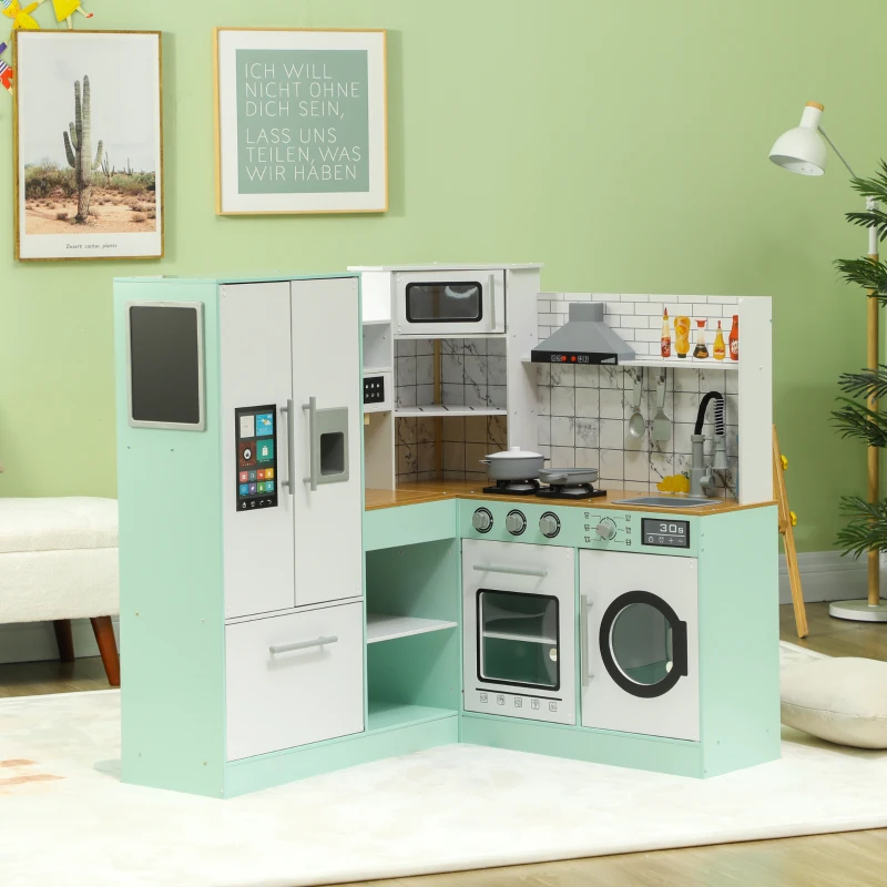 Qaba Play Kitchen, Corner Kids Kitchen Playset w/ Chalkboard, Range Hood, Ice Maker, Stove, Microwave, Sound & Lights