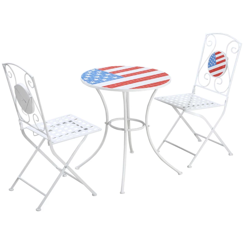 Outsunny 3 Piece Patio Bistro Set, Folding Outdoor Furniture with USA Mosaic Table and Chairs, Portable Metal Frames for 4th of July, Balcony, Backyard, Poolside, Porch, American Flag