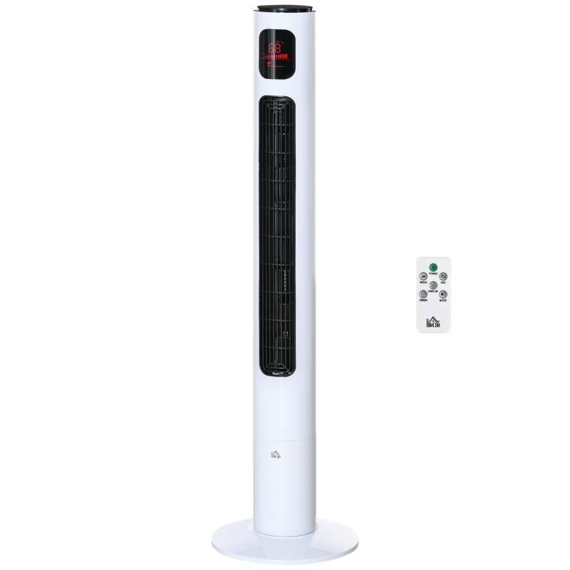 HOMCOM Freestanding Tower Fan Cooling for Home Bedroom with Oscillating, 3 Speed, 12h Timer, LED Sensor Panel, Remote Controller, White