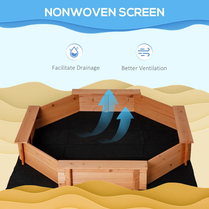 Outsunny Octagon Kids Wooden Sandbox, Outdoor Children Playset for Backyard, with polyester Cover, Seat Board, for 3-8 years old, Red, 55" x 55" x 8.5"