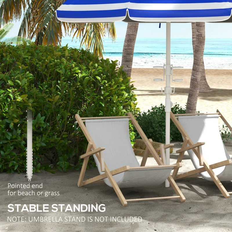 Outsunny 5.7' Beach Umbrella for Travel with Tilt, Adjustable Height, 2 Cup Holders, Hooks, Vent, Ruffles, Blue Stripe