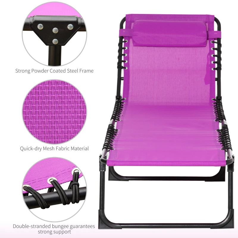 Outsunny Folding Chaise Lounge Pool Chair with 4-Position Reclining Back, Pillow, Breathable Mesh & Bungee Seat, Purple