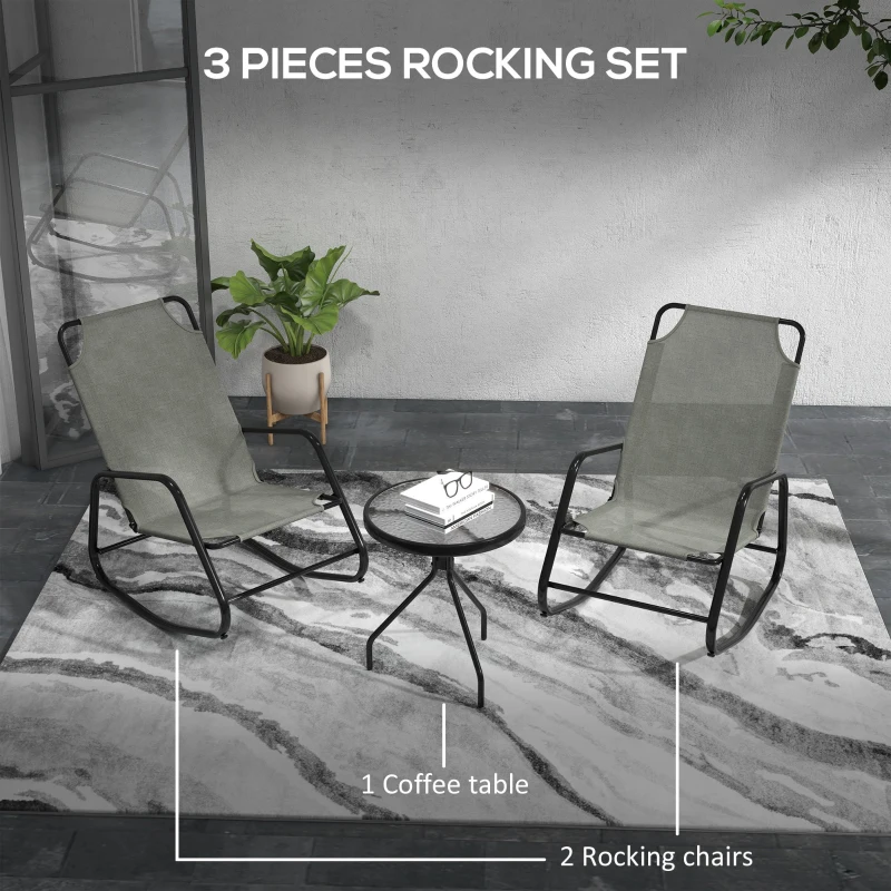 Outsunny Patio Rocking Chairs Set of 2, 3 Pieces Patio Bistro Set with Metal Frame, Breathable Mesh Fabric Seat for Garden, Deck, Grey