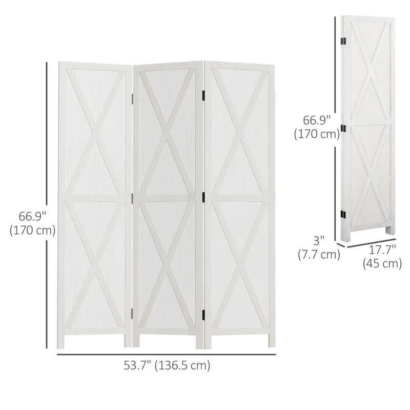 HOMCOM 3-panel Wall Partition Farmhouse Room Separator with Foldable Design Wooden Frame 5.6FT, White