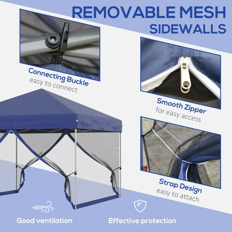 Outsunny 10' x 10' Pop-Up Party Tent Outdoor Canopy Tent with Mesh Sidewalls, 3-Level Adjustable Height, Roller Bag, Blue