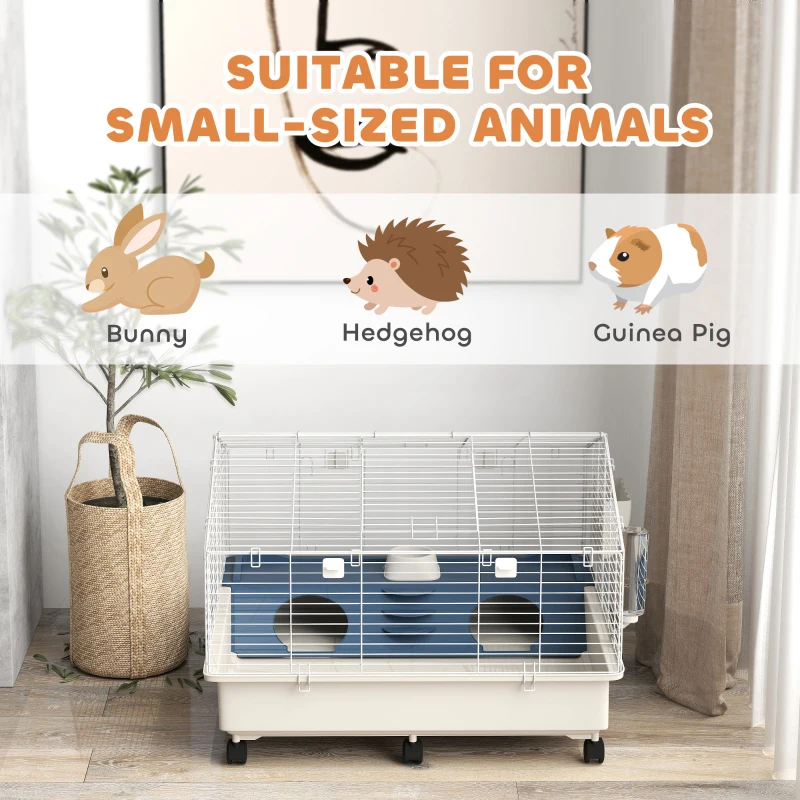 PawHut Rolling Small Animal Cage with Water Bottle, Hay Feeder, Food Dish for Rabbits, Hedgehogs, Guinea Pigs, 35" x 35" x 25"