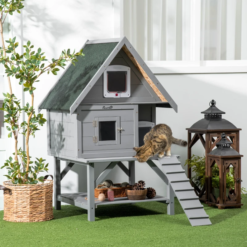 PawHut Wooden Cat House Outdoor with Escape Door, Weatherproof 3-Floor Cat Shelter for 1-2 Feral Cats with Asphalt Roof, Balcony, Stair, Gray