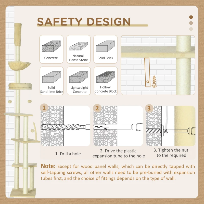 PawHut Floor to Ceiling Cat Tree, Cat Climbing Tower with Platforms, Bed, Hammock, Scratching Posts, Toy Balls, Beige
