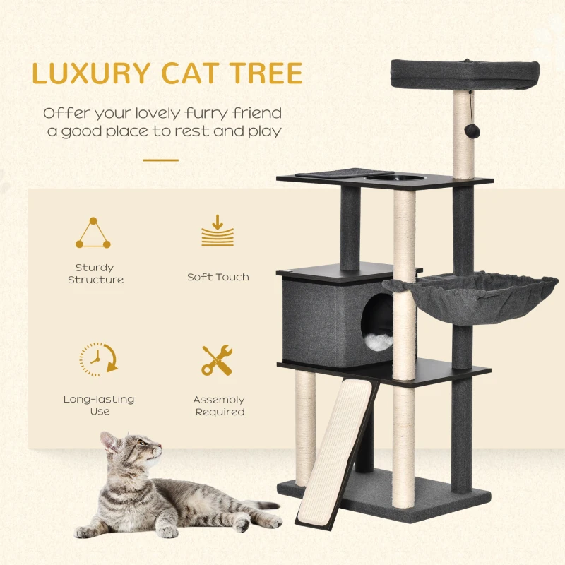 PawHut 58" Cat Tree Huge Kitty Activity Center Cat Climbing Toy Rest Pet Furniture with Sisal Scratching Post Pad Condo Bed Perch Ladder Hanging Ball Dark Grey