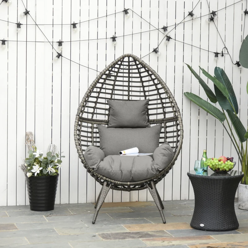 Outsunny Outdoor/Indoor Rattan Chair with Soft Cushion, Wicker Egg Lounge Chair for Backyard Garden Balcony Lawn, Light Grey