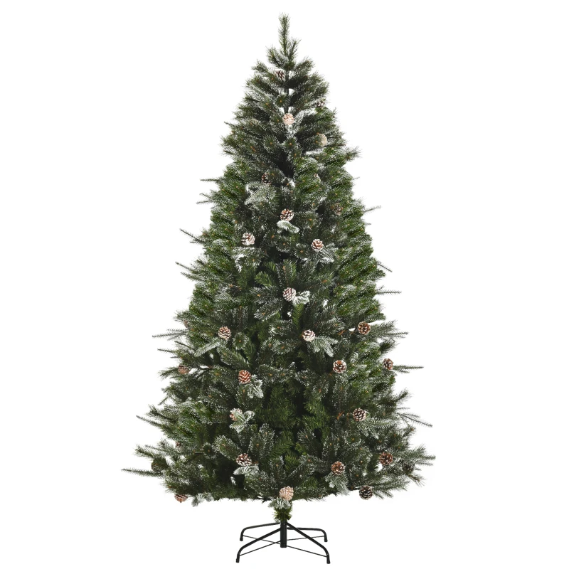 HOMCOM HOMCM 7FT Artificial Christmas Snow Pine Tree Holiday Home Xmas Decoration with Automatic Open, Pinecone, Green