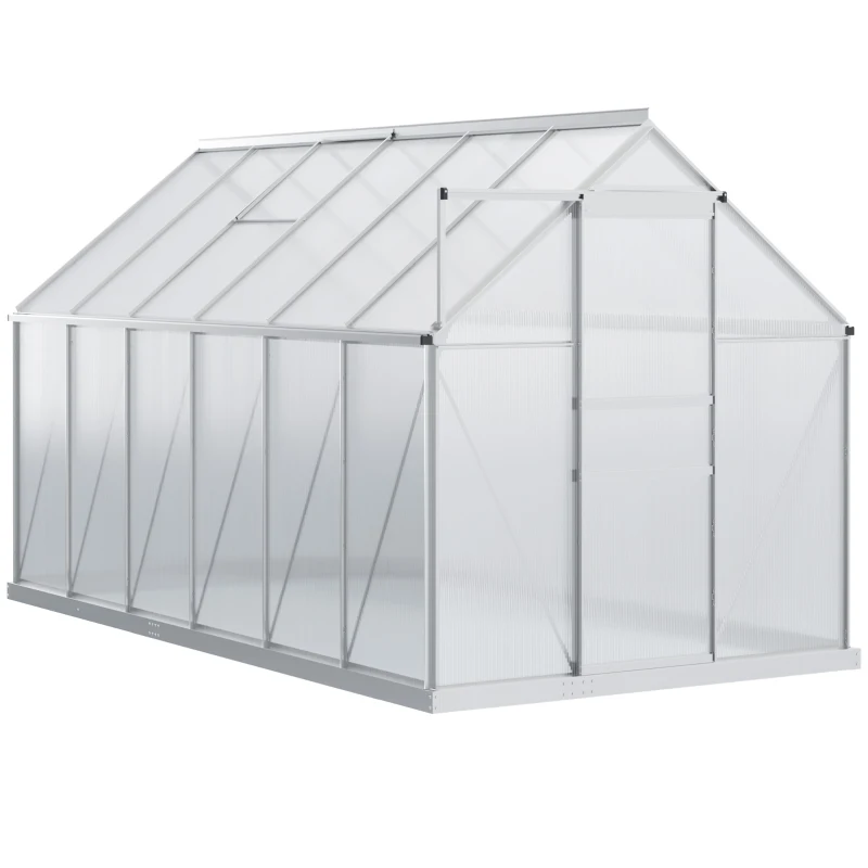 Outsunny 12' x 6' x 6.5' Polycarbonate Greenhouse with Aluminum Frame, Walk-in Heavy Duty Green House with Adjustable Roof Vent, Rain Gutter and Sliding Door for Winter, Silver