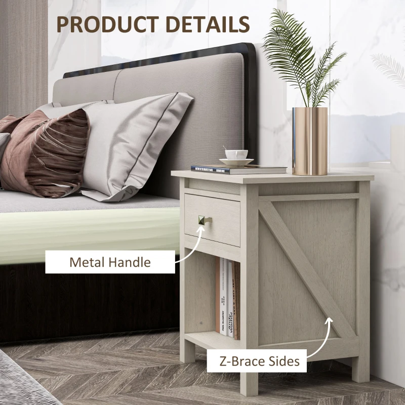 HOMCOM Bedside Table, Farmhouse Nightstand with with Drawer and Storage Shelf, Night Table for Bedroom, White