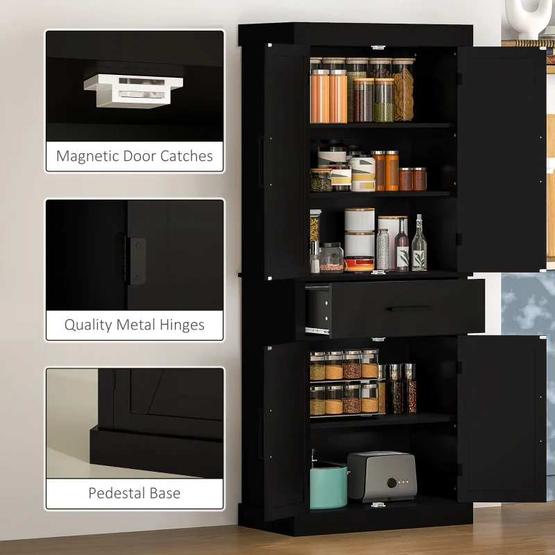 HOMCOM 72" Kitchen Storage Cabinet, Farmhouse Kitchen Pantry Cabinet with 4 Barn Doors, Drawer, Adjustable Shelves, Black