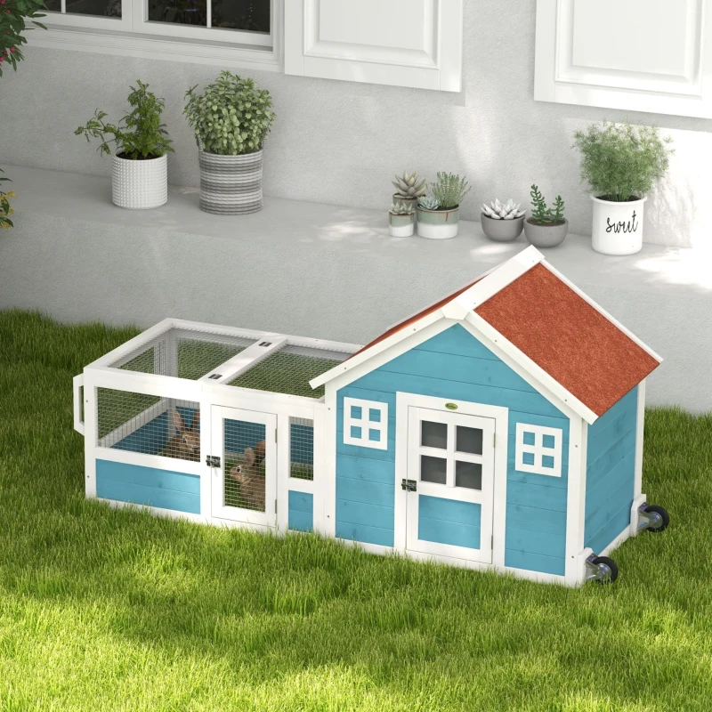 PawHut Rabbit Hutch Outdoor with Asphalt Roof, Handle, Wheels, 64" x 23.3" x 30.6", for Small Animals, Blue
