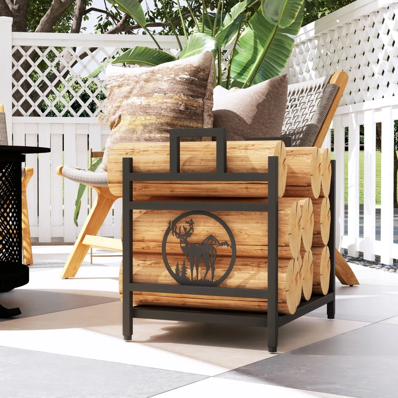 Outsunny Decorative Firewood Rack Outdoor Indoor Steel Wood Storage Log Holder with Side Handles, 19.7" x 13.4" x 17.7", Black