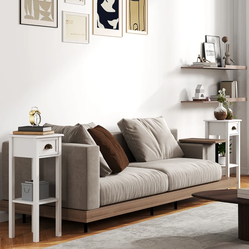HOMCOM 2-Tier Side Tables Set of 2 with Drawer and Shelf, 2 Pieces End Tables for Living Room and Hallway, White