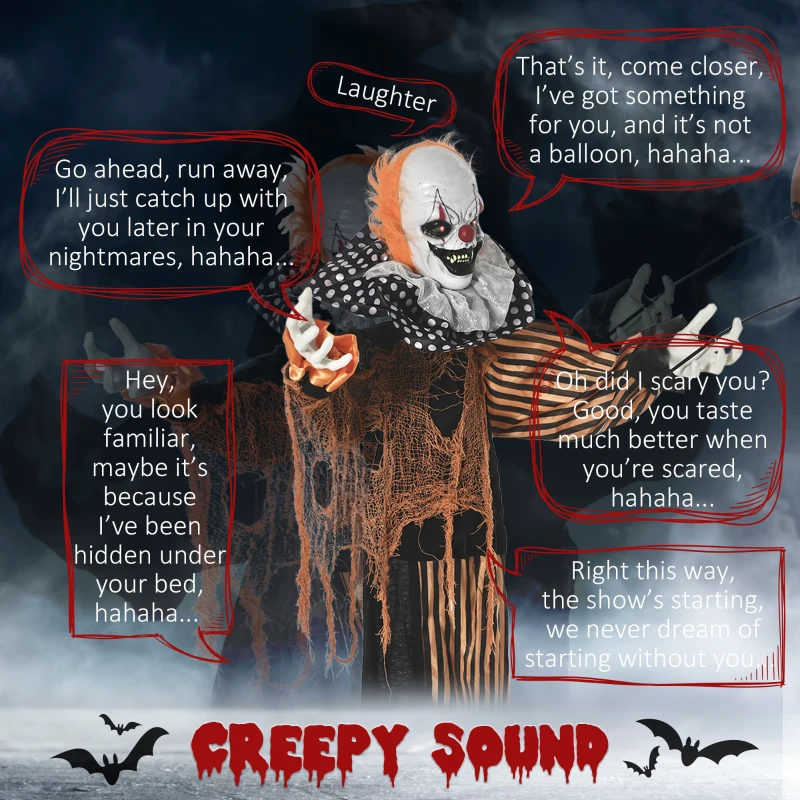 Outsunny 65" Life Size Outdoor Halloween Decorations Talking Circus Clown with A Balloon, Animated Prop with Sound and Motion Activated, Light Up Eyes, Laughter
