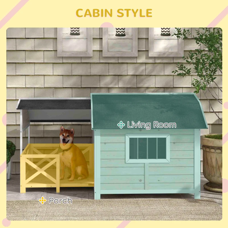 PawHut Wooden Dog House Outdoor with Porch, Raised Pet Kennel for Medium Large Dogs, with Asphalt Roof, Front Door, Side Windows, Gray