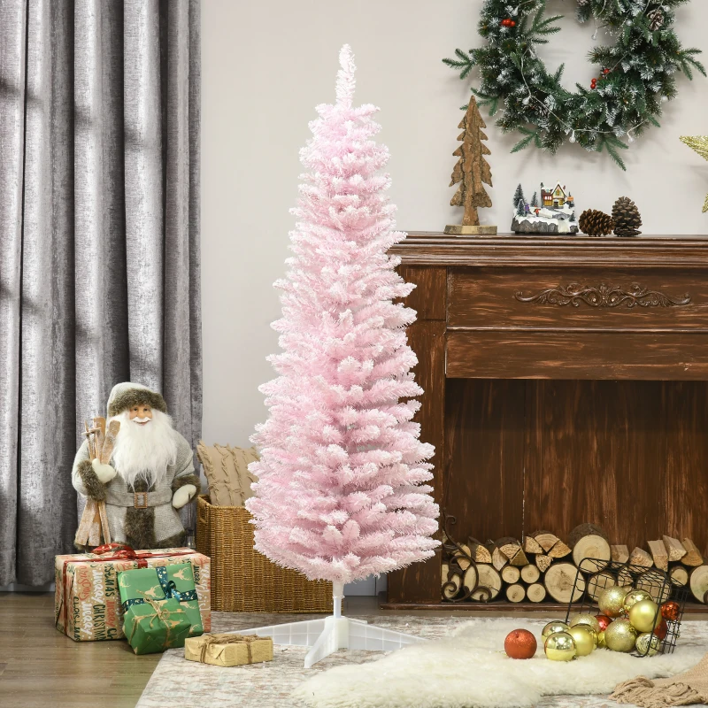 HOMCOM 5' Decorated Christmas Tree Snow Flocked Artificial Christmas Tree with Pencil Shape, Realistic Branches, Pink