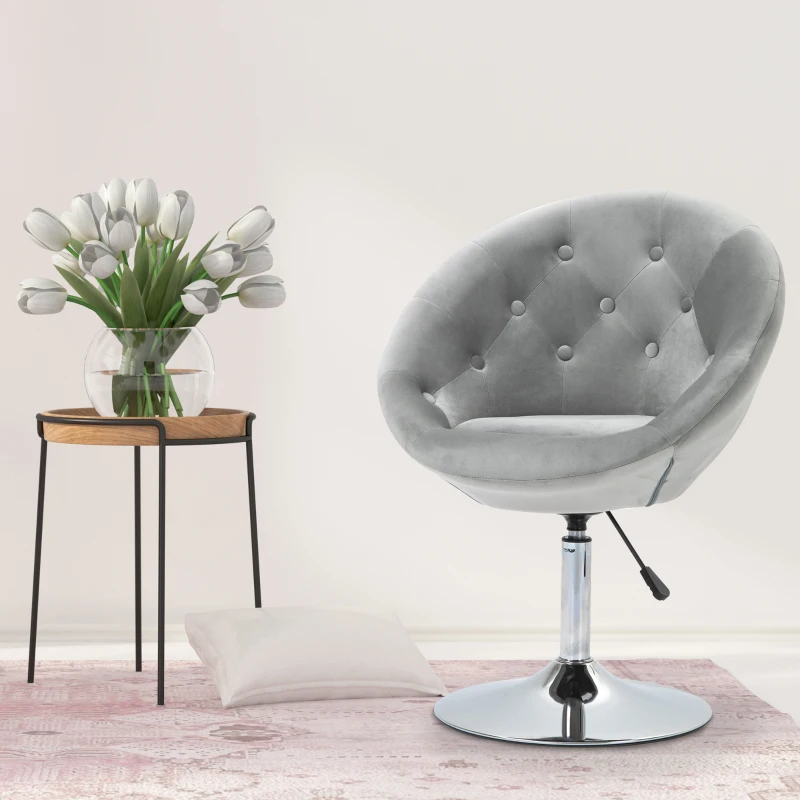 HOMCOM Modern Makeup Vanity Chair Round Tufted Swivel Accent Chair with Chrome Frame Height Adjustable for Living Room, Bedroom Gray