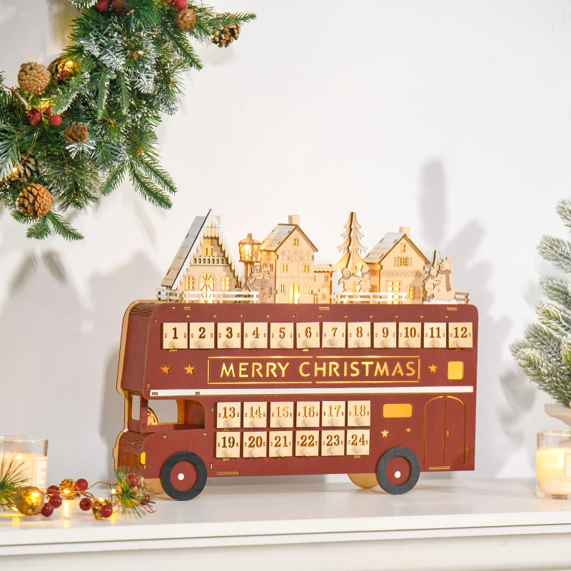 HOMCOM Christmas Advent Calendar, Light Up Table Xmas Wooden Bus Holiday Decoration with Countdown Drawer, Santa Claus Street House, for Kids and Adults