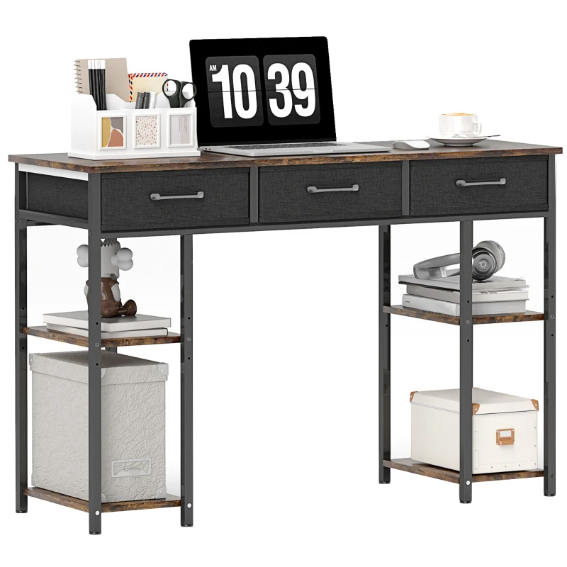 HOMCOM 47" Small Computer Desk, Writing Desk with Fabric Drawers, Home Office Desk with Adjustable Shelves, Rustic Brown