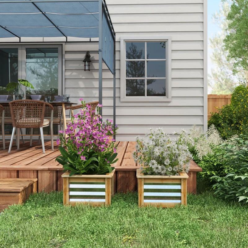 Outsunny Raised Garden Beds Set of 2, Metal and Wood Combined Planter Box, for Growing Flowers, Herbs and Vegetables