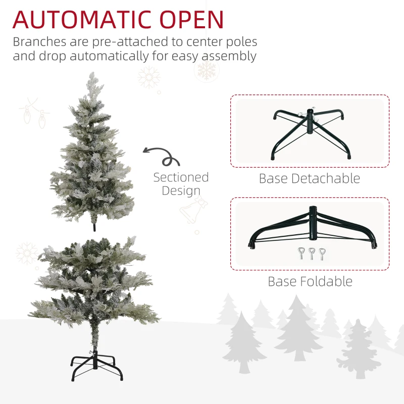 HOMCOM 5 Feet Pencil Snow Flocked Artificial Christmas Tree with 517 Realistic Cypress Branches, Auto Open, Green