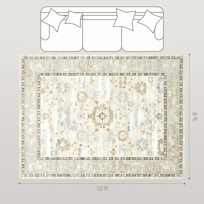 HOMCOM 8x10 Area Rug, Indoor Boho Machine Washable Carpet for Living Room, Bedroom, Dining Room, Kitchen, Blue