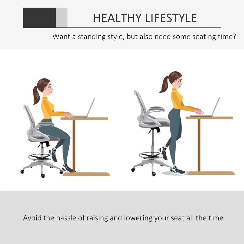 Vinsetto Height-Adjustable Tall Office Chair, Drafting Chair with Flip-Up Armrest, Footrest Ring, Swivel Wheels, Light Grey