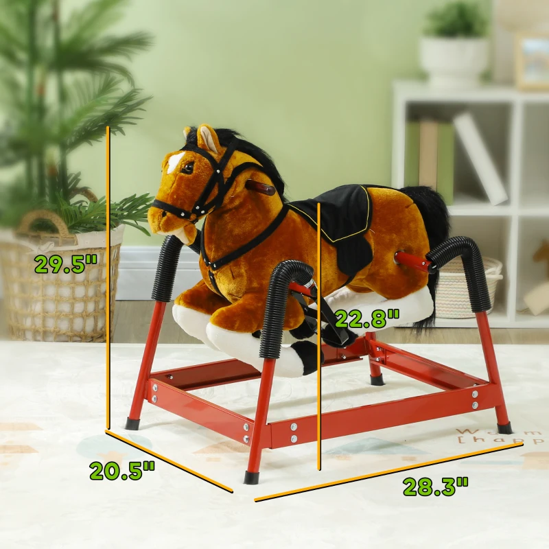 Qaba Spring Rocking Horse, Kids Ride on Horse, Plush Horse Ride-on w/ Sounds & Foot Stirrups for Kids 3-8 Years, Brown