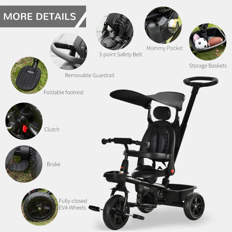 Qaba Kids Tricycle 4 In 1 Trike with Reversible Angle Adjustable Seat Removable Handle Canopy Handrail Belt Storage Footrest Brake Clutch for 1-5 Years Old Black