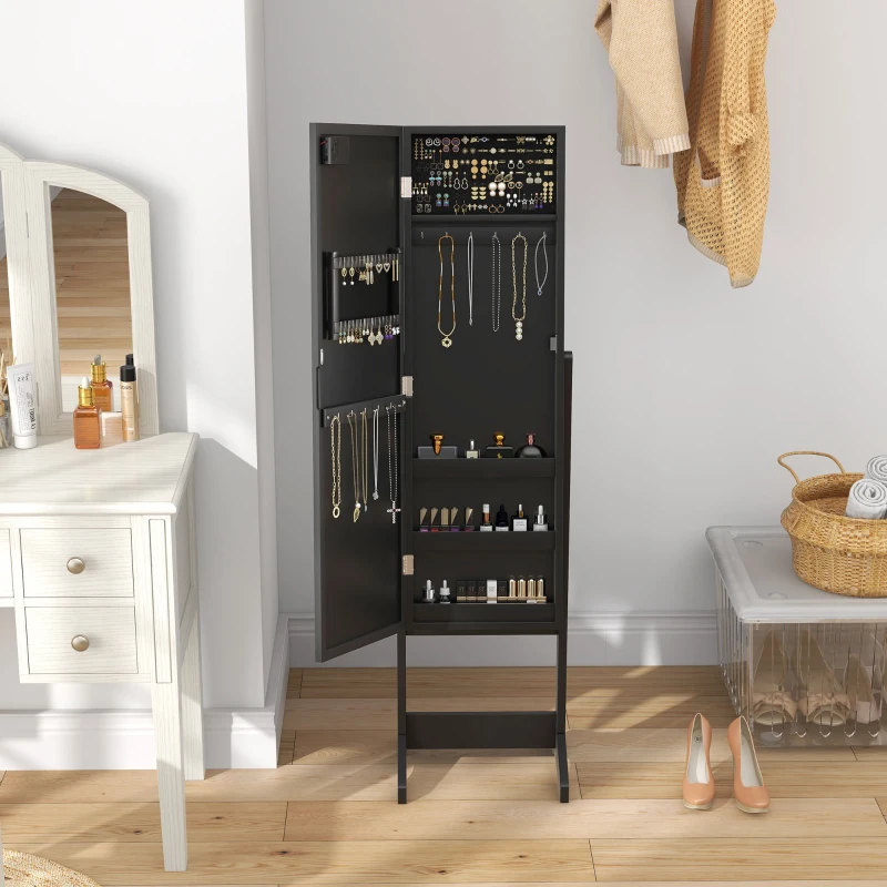 HOMCOM Free Standing Armoire Organizer, Lighted Mirrored Jewelry Cabinet w/ Angle Adjustable & 16 LED Lights Black