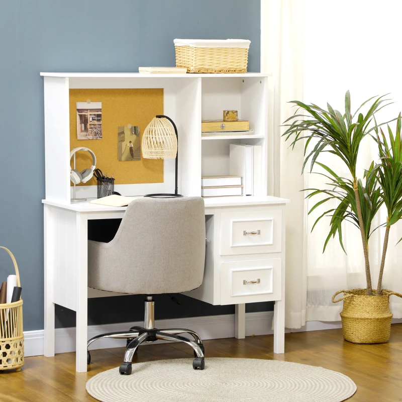 HOMCOM Computer Desk with Drawers & Shelves, Home Office Desk with Storage & Corkboard, Workstation Table with Cable Hole, White