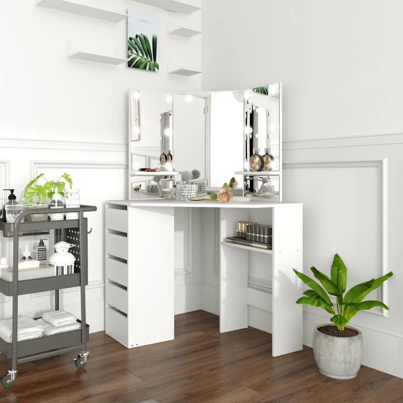 HOMCOM Makeup Vanity Table with 3-Panel Mirror and 10 LED Lights, Dressing Table with 5 Drawers and Shelves for Bedroom, White