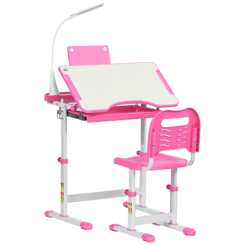 Qaba Kids Desk and Chair Set Height Adjustable Student Writing Desk Children School Study Table with Tilt Desktop, LED Lamp, Pen Box, Drawer, Reading Board, Cup Holder, Pink