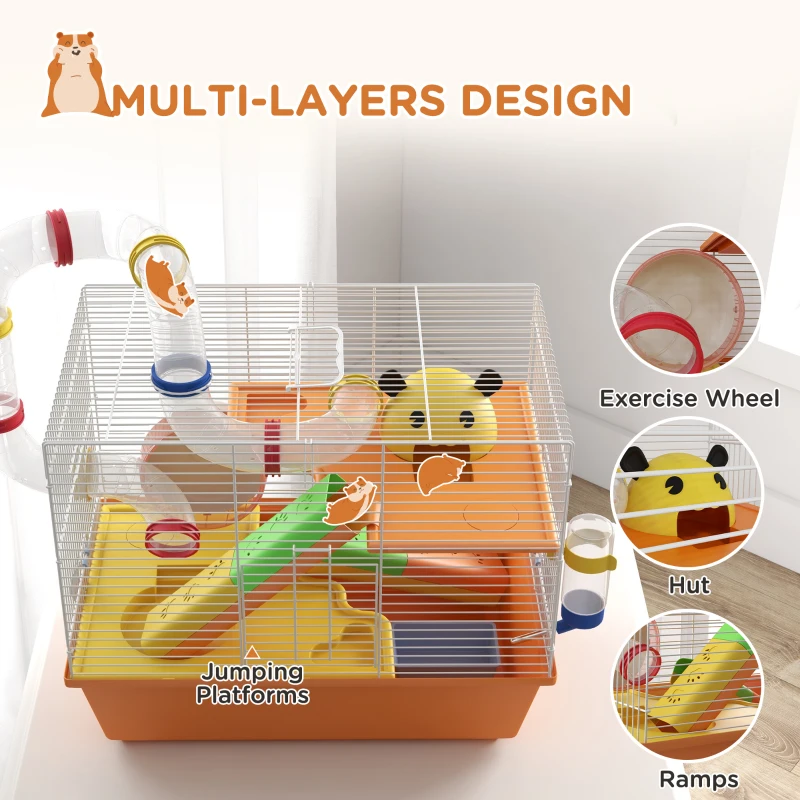 PawHut 3 Tiers Hamster Cage for Gerbil, Dwarf Hamster with Tunnels, Water Bottle, Exercise Wheel, 18" x 11" x 15" - Orange