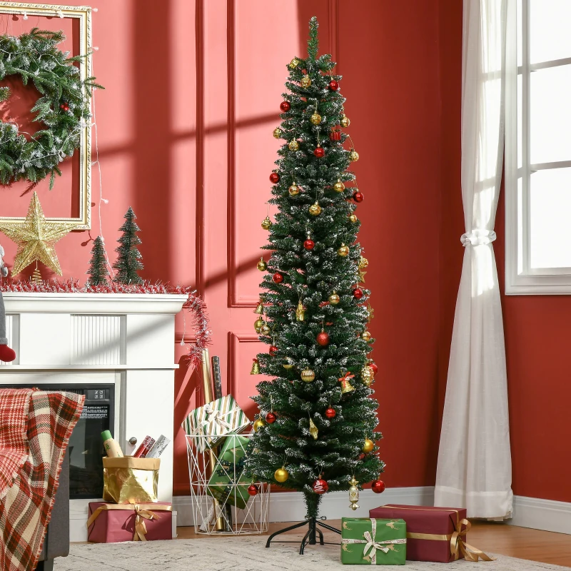 HOMCOM 6FT Artificial Snow Dipped Christmas Tree Xmas Pencil Tree Holiday Home Indoor Decoration with Foldable Black Stand, Green