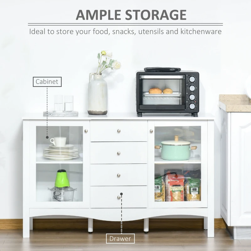 HOMCOM Sideboard Buffet, Kitchen Cabinet, Coffee Bar Cabinet with Glass Doors, Drawers and Adjustable Shelves, White
