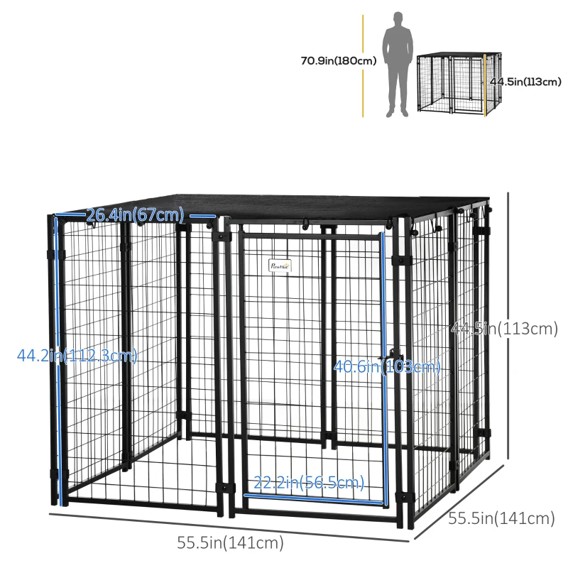 PawHut Outdoor Dog Kennel, Lockable Pet Playpen Crate with Top Cover, Black