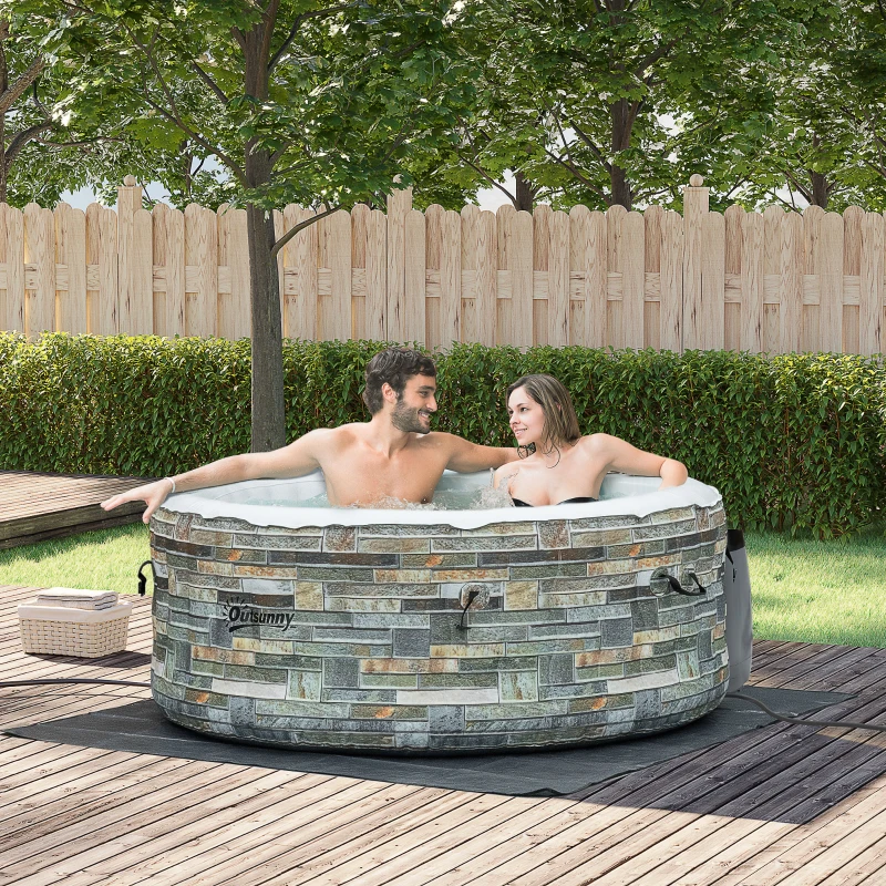 Outsunny 2-3 Person Inflatable Hot Tub, Outdoor Round Portable Spa with 108 Heated Air Jets, Cover, Pump, 2 Filter Cartridges, Mixed Grey