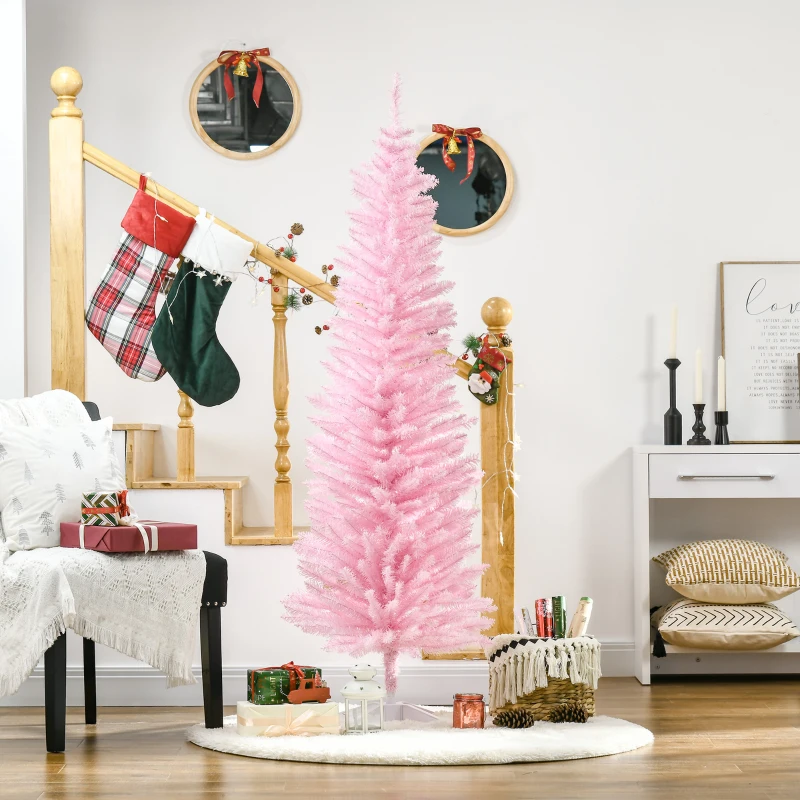 HOMCOM 6' Artificial Pencil Christmas Tree, Slim Xmas Tree with 390 Realistic Branch Tips and Plastic Stand, Pink