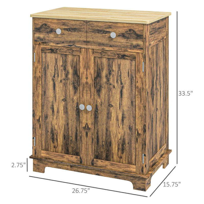 HOMCOM Kitchen Storage Cabinet, Sideboard Floor Cupboard with Solid Wood Top, Adjustable Shelf, and 2 Drawers, Brown
